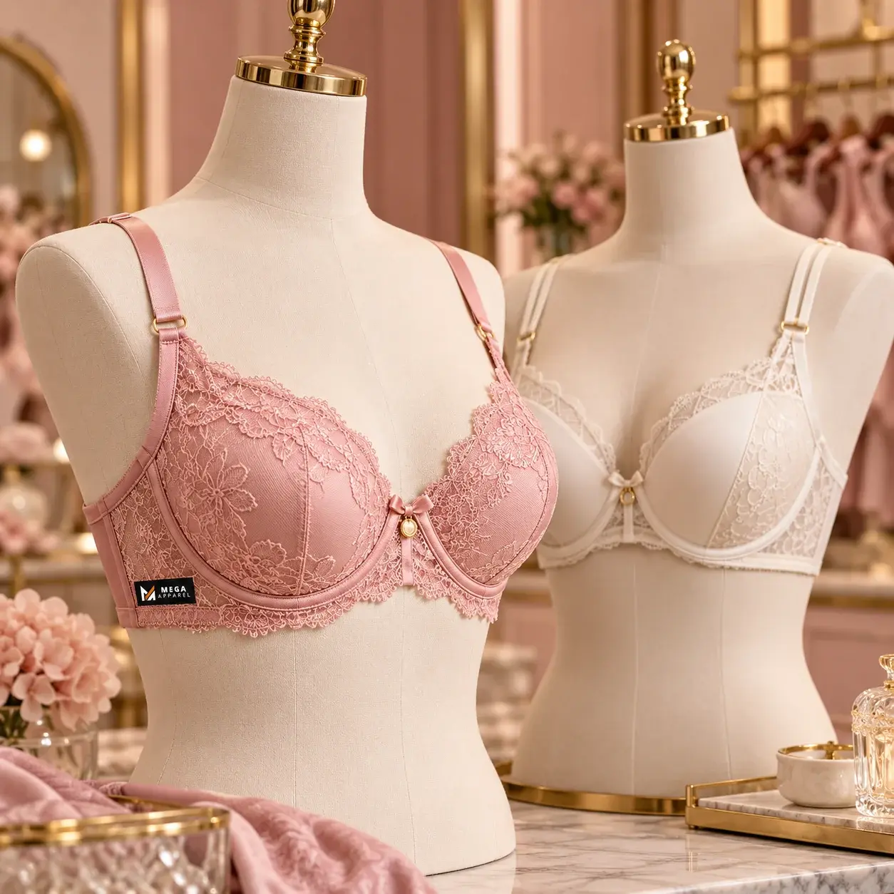 Custom pink lace bra with adjustable straps and branded label
displayed on a mannequin beside a white lace bra in a premium lingerie showroom.